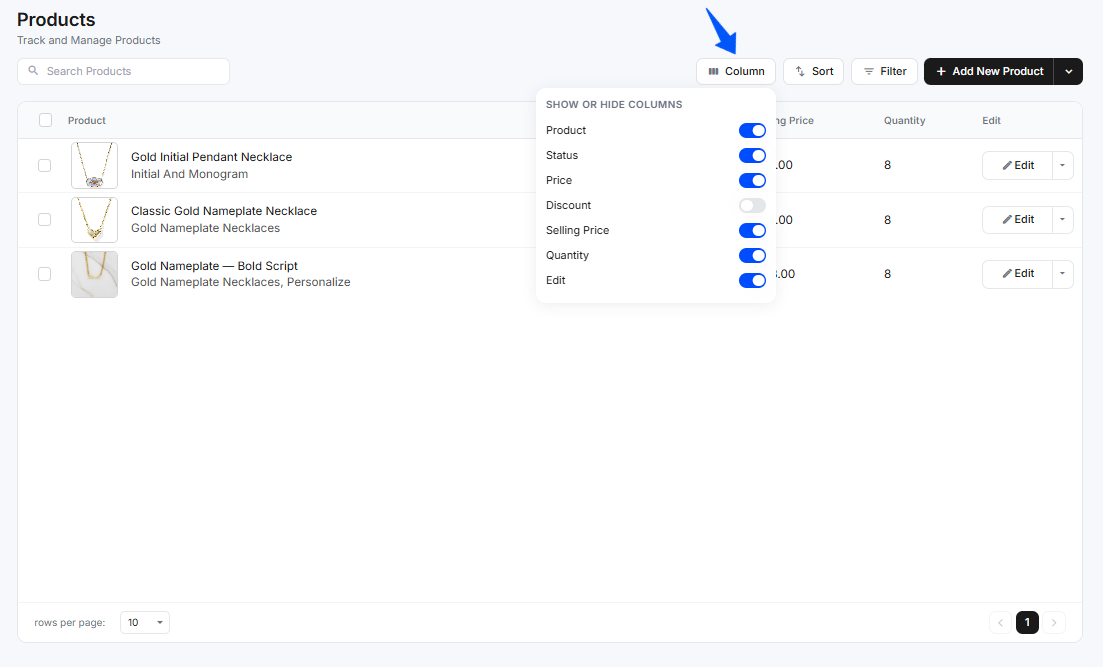 The Show or hide columns menu with toggles for Product, Status, Price, Discount, Selling Price, Quantity, and Edit