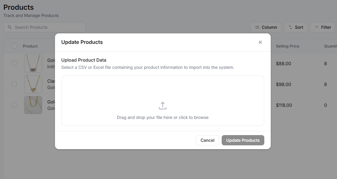 The Update Products dialog with an upload area to drop a CSV or Excel file and an Update Products button