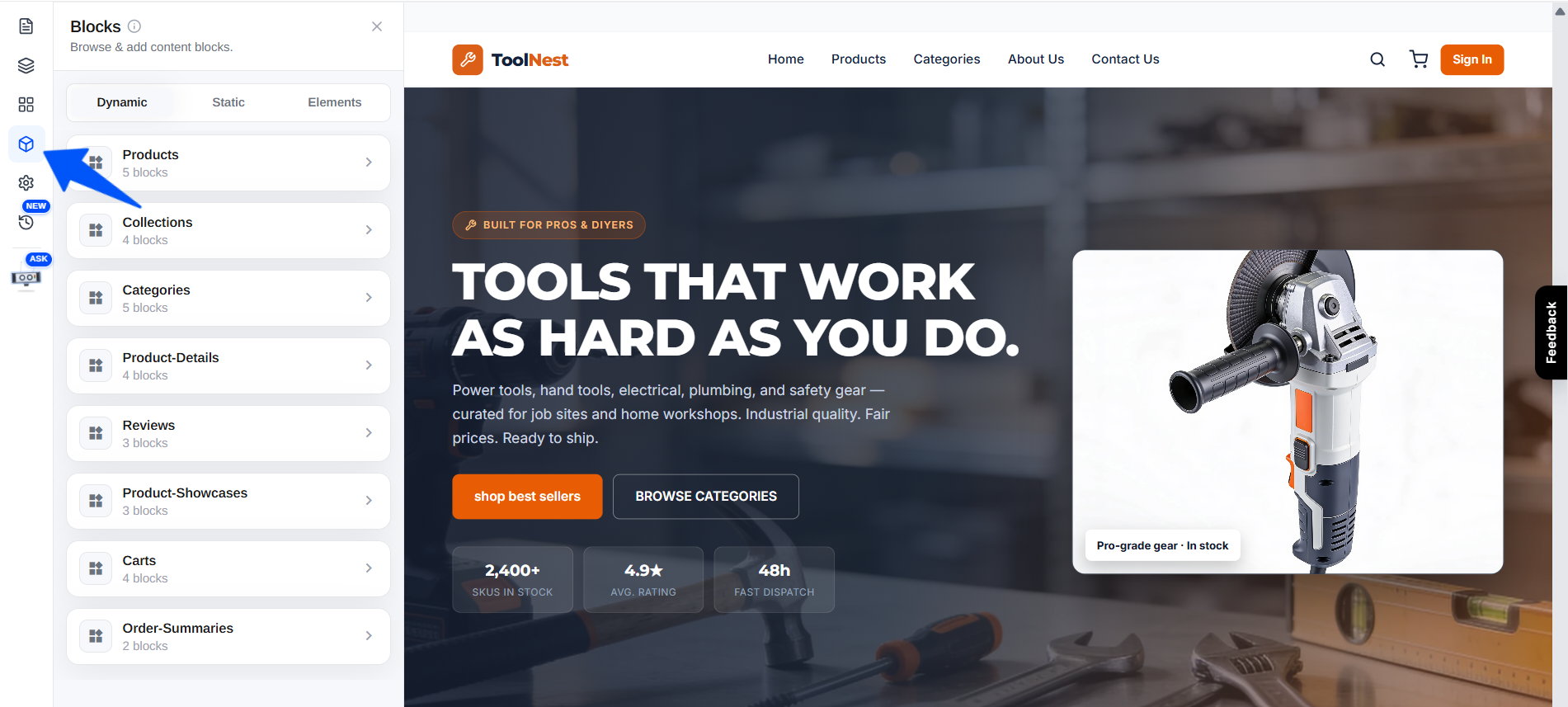 The Blocks panel with the Dynamic, Static, and Elements tabs