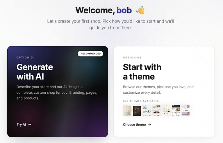 The Welcome screen offering Generate with AI or Start with a theme
