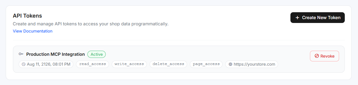 The API Tokens list with Active and Revoked tokens, their scopes, origins, and Revoke buttons