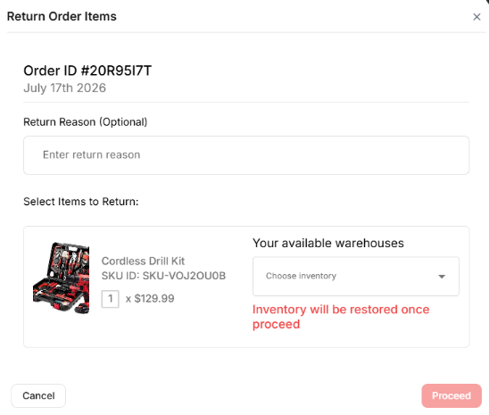 The Return Order Items window with a return reason, item selection, and inventory dropdown