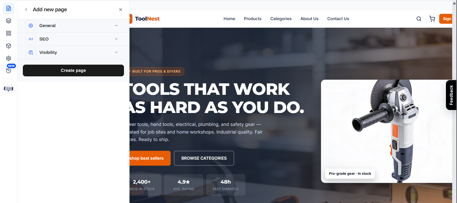 The Add new page form with General, SEO, and Visibility sections