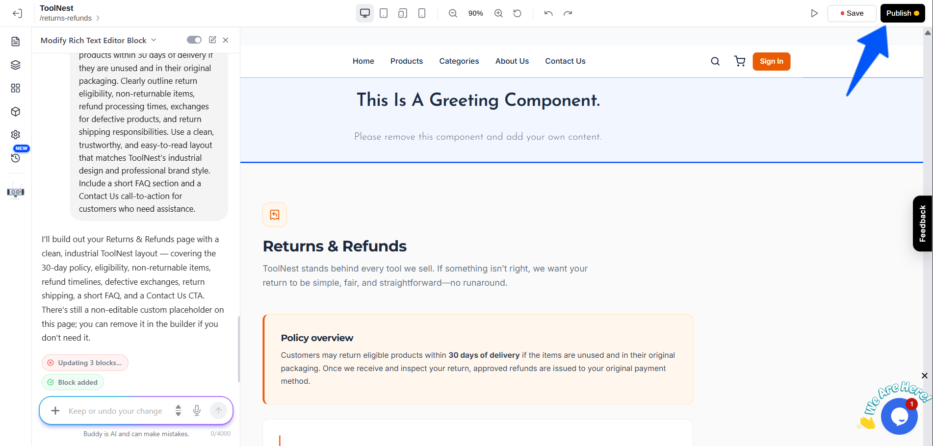 Designing a page with AI Buddy, with the Publish button highlighted at the top right